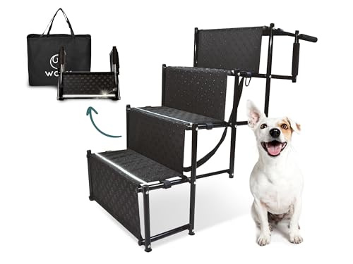 WOOV Hunderampe - Gelenkschonende Hundetreppe Auto klappbar - mit Reflektoren & Gurt - höhenverstellbar - garantiert belastbar bis 55 kg - für große und kleine Hunde - inkl. Transporttasche von WOOV