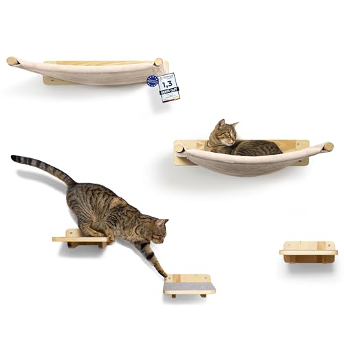 WOOWOOD® Kletterwand Katzen inkl. 2X Katzentreppe Wand [Massivholz] I Kratzbaum Wand I Hängematte Katze I Katzen Wand Elemente I Wandkratzbaum I Katzenmöbel I Katzen Kletterwand Set (5-teilig) von WOOWOOD