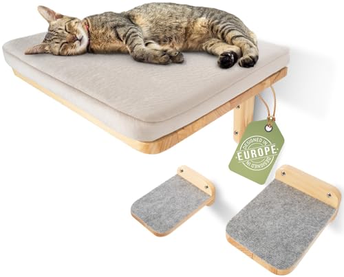 WOOWOOD® Kletterwand Katzen inkl. 2X Katzentreppe Wand [aus Europa] I Kratzbaum Wand I katzenhängematte I Katzen Wand Klettern I Katzenwand I Wandkratzbaum I Katzenmöbel (Katzenliege-Massivholz) von WOOWOOD