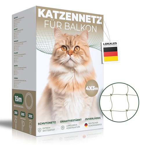 WOOWOOD Katzennetz für Balkon [Extra Drahtverstärkt] I Katzennetz I Katzennetz für Balkon ohne Bohren I Katzennetz Drahtverstärkt I Katzennetz Balkon I Katzennetz Fenster I Katzenschutznetz (4X3m) von WOOWOOD