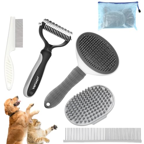 WOPQAEM Hundebürsten-Set, 5-teiliges Fellpflege-Set, selbstreinigend, für große und mittelgroße Hunde, Katzen sowie kleine Haustiere, ideal für Lang- und Kurzhaar, reduziert Haaren, grau von WOPQAEM