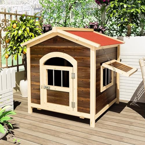 Hundehütte Outdoorkennels Holz Indoor Haustierbedarf Klein Mittel Zwinger mit Türen und Doppelfenstern Hundehütte Ideal für Kleine Hunderassen，Brown L von WOTZOV