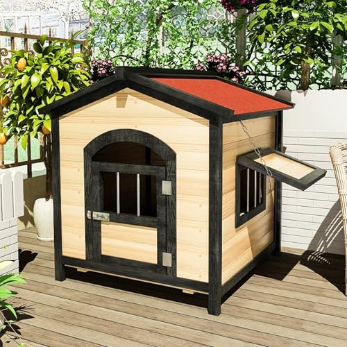 Hundehütte Outdoorkennels Holz Indoor Haustierbedarf Klein Mittel Zwinger mit Türen und Doppelfenstern Hundehütte Ideal für Kleine Hunderassen，Natural L von WOTZOV