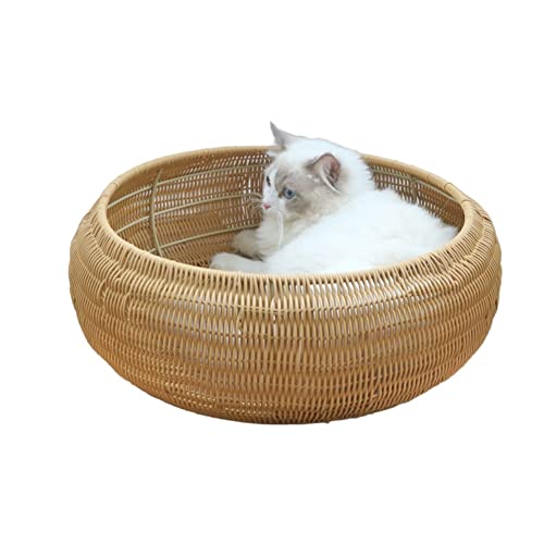 WOTZOV Sommerliches, handgefertigtes, gewebtes Katzenbett, Haustierbett, Rattan-Katzenbett, Korb, Hausbett, Sofa für waschbares Haustierhaus, Nest, Indoor-Katze mit Kissen von WOTZOV