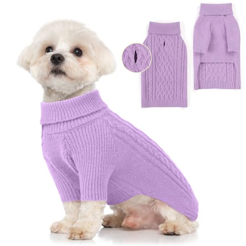 WOYYHO Hundepullover für kleine Hunde mit Loch für die Leine, Rollkragen, für kleine Hunde, klassische Strickwaren, weiche, warme Haustierkleidung für Chihuahua, Bulldogge, Dackel, Größe L, Violett von WOYYHO