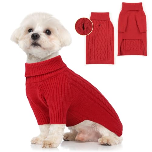 WOYYHO Hundepullover für kleine Hunde mit Loch für die Leine, Rollkragen, für kleine Hunde, klassische Strickwaren, weiche, warme Haustierkleidung für Chihuahua, Bulldogge, Dackel, Größe L, Rot von WOYYHO