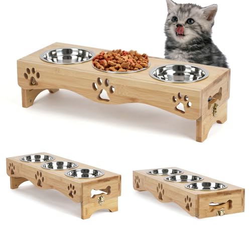 WPAJIRZO Erhöhte Katzennapf 3er Set - Futternapf Katze Fressnapf Futterstation Höhenverstellbar mit Holzständer - 3X Edelstahl Näpfe für Wasser & Futter - Futterbar Futterschalen für Katzen & Welpen von WPAJIRZO