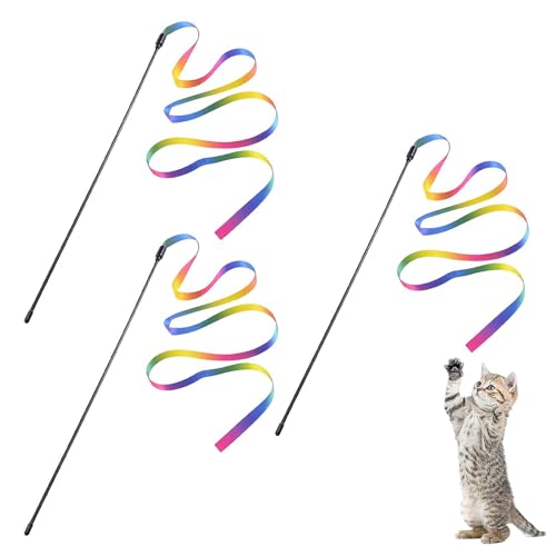 WQEDVN 3 Packungen Katzenstab-Spielzeug für Indoor-Katzen, Katzenstab-Spielzeug, Katzen-Teaser, Katzenangeln, Katzenstab, interaktives Spielzeug, Regenbogen-Bandstab, für den Innenbereich, von WQEDVN