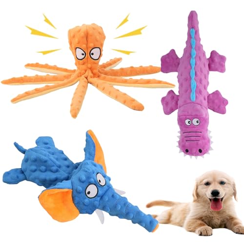 WQQZ Quietschendes Hundespielzeug, keine Füllung, knisterndes Plüsch, langlebig, interaktiv, niedlich, Kauspielzeug für Welpen, kleine, mittelgroße Rassen, Oktopus-Orange, Elefantenblau, von WQQZ