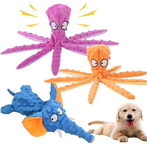 WQQZ Quietschspielzeug für Hunde, keine Füllung, knisterndes Plüsch, langlebig, interaktiv, niedlich, Kauspielzeug für Welpen, kleine, mittelgroße Rassen, Oktopus, Orange und Lila, Elefantenblau, 3 von WQQZ