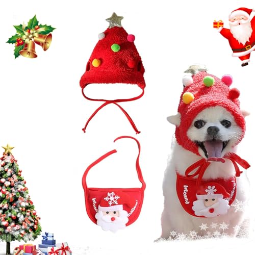 Bezaubernde Weihnachtsbaum-Pompon-Mütze,Weihnachtsmannmütze für Hunde,Weihnachtsmütze für Hunde, lustige weiche Weihnachtsmützen für Hunde,Plüsch-Kopfbedeckung,Kostüm für Weihnachtsfeiern (B,M) von WQTHU