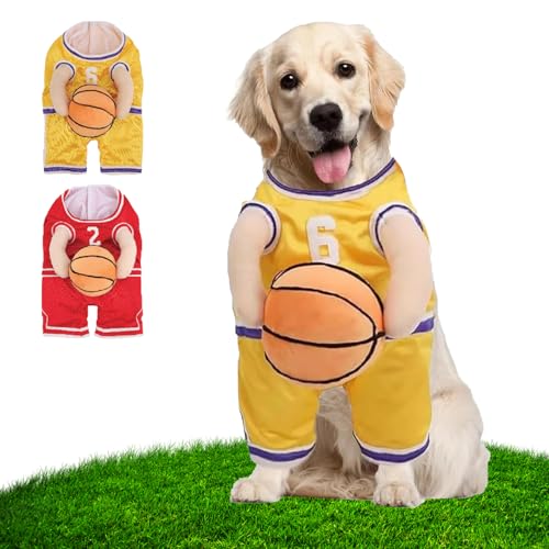 WQTHU Basketballkostüm für Hunde mit Ball,Basketballspielerkostüm für Hunde mit Ball,Halloweenkostüm für Hunde,Basketballkostüm für Hunde mit Ball in der Hand (L,Gelb) von WQTHU