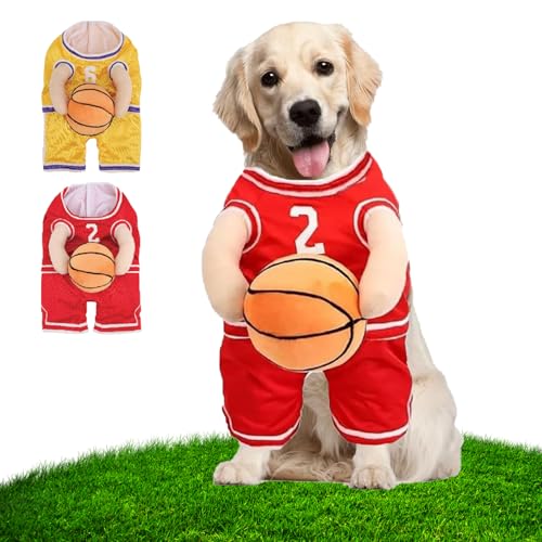 WQTHU Basketballkostüm für Hunde mit Ball,Basketballspielerkostüm für Hunde mit Ball,Halloweenkostüm für Hunde,Basketballkostüm für Hunde mit Ball in der Hand (L,Rot) von WQTHU