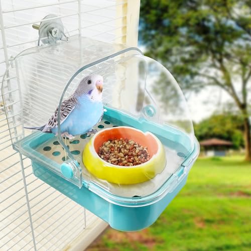 WQY Groceryshop No Mess Vogelfutterspender für Käfig, Sittich-Futterstation mit Keramikschale, Vogeltränke, Käfigzubehör für kleine und mittelgroße Sittiche (gelbe Schale und blaue Box) von WQY GroceryShop