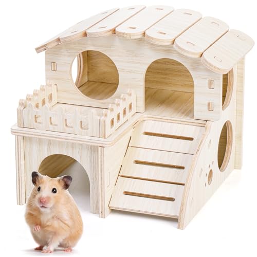 WRINGKIT Hamsterhaus aus Holz, Labyrinthamsterversteck Funrutsche Rennmaus-Haus mit Fenster, abnehmbare Doppeldeckerhütte für Hamster, Zwerge, Mäuse, Mäuse, Kleintiere von WRINGKIT