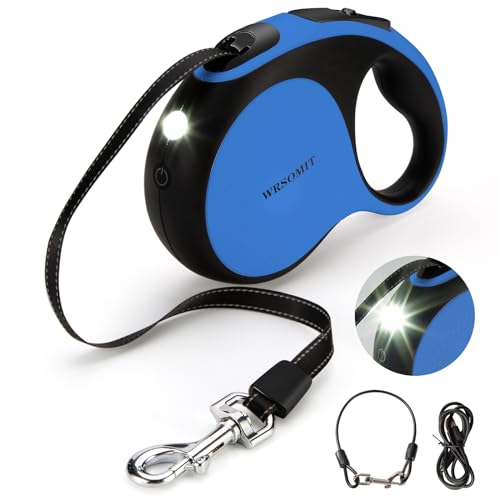 WRSOMIT Einziehbare Hundeleine mit kaufestem Kabel und LED-Taschenlampe, 4,8 m, robuste Hundeleine für kleine, mittelgroße und große Hunde bis zu 50 kg, 360° kein Verheddern (Blau + 4,8 m + LED) von WRSOMIT