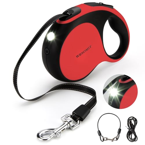 WRSOMIT Einziehbare Hundeleine mit kaufestem Kabel und LED-Taschenlampe, 4,8 m, robuste Hundeleine für kleine, mittelgroße und große Hunde bis zu 50 kg, 360° kein Verheddern (Rot + 4,8 m + LED) von WRSOMIT