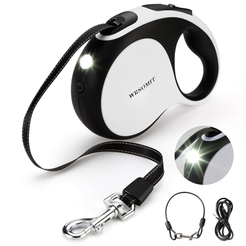 WRSOMIT Einziehbare Hundeleine mit kaufestem Kabel und LED-Taschenlampe, 4,8 m, robuste Hundeleine für kleine, mittelgroße und große Hunde bis zu 50 kg, 360° kein Verheddern (Weiß + 4,8 m + LED) von WRSOMIT