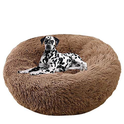 Deluxe Haustierbett, Katzenbett Flauschig Rundes Plüsch Hundehaus Welpen Kissen Donut warme weiche Bequeme Hundehütte, Katzen Kissen, Katzenbett, Körbchen Hund 80CM Heller Kaffee von WSGJHB