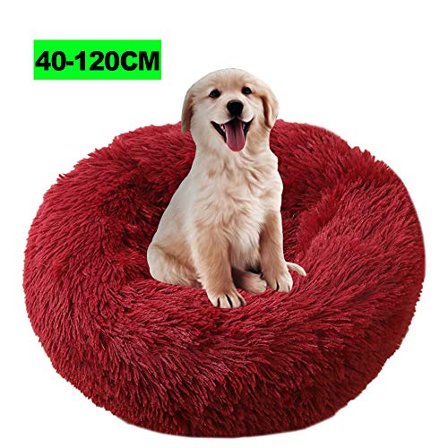 Deluxe Haustierbett, Katzenbett Flauschig Rundes Plüsch Hundehaus Welpen Kissen Donut warme weiche Bequeme Hundehütte, Katzen Kissen, Katzenbett, Körbchen Hund 80CM Weinrot von WSGJHB