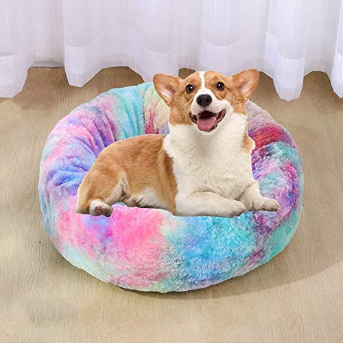 WSGJHB Deluxe Haustierbett Rundes Flauschiges Hundebett Donut Körbchen Hund Haustiernest Katzenbett Hundesofa Katzensofa Kissen Weich Waschbar Für Katzen Hunde,Buntesblau,110cm von WSGJHB