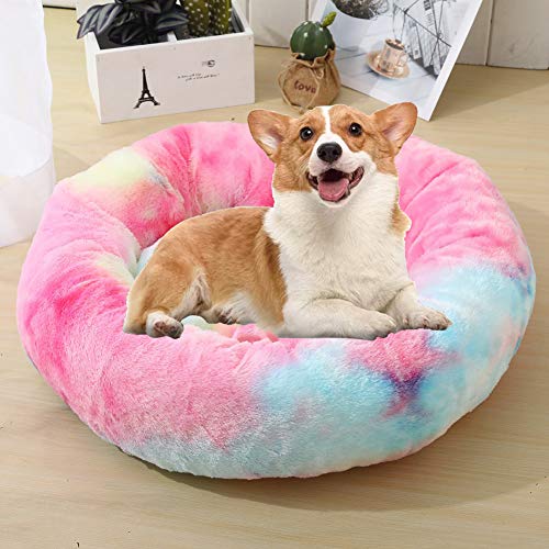 WSGJHB Deluxe Haustierbett Rundes Flauschiges Hundebett Donut Körbchen Hund Haustiernest Katzenbett Hundesofa Katzensofa Kissen Weich Waschbar Für Katzen Hunde,Buntesrosa,110cm von WSGJHB