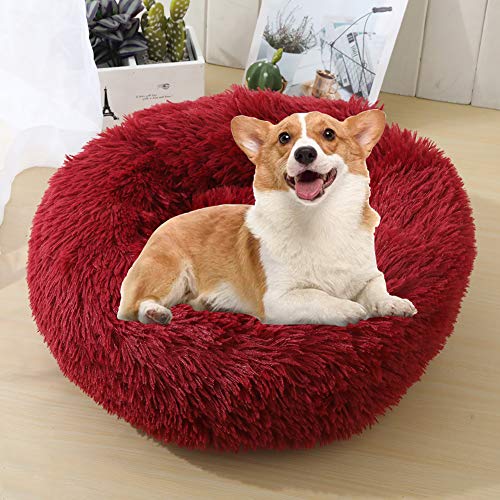 WSGJHB Deluxe Haustierbett Rundes Flauschiges Hundebett Donut Körbchen Hund Haustiernest Katzenbett Hundesofa Katzensofa Kissen Weich Waschbar Für Katzen Hunde,Weinrot,120cm von WSGJHB