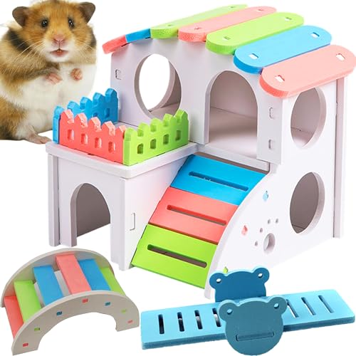 WSNDM 3 Stück Hamster Spielzeug, Hamster House DIY, Naturholz Ökologische Regenbogenbrücke, Bunte Bogenbrücke, DIY Ferienhäuser Klettern und Spielen Kleintier Spielzeug Blockhaus für Hamster von WSNDM