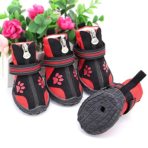 4 stücke Haustier Hund Schuhe wasserdichte Reflektierende Hundestiefel Outdoor Schnee Regen Schuhe Anti-Rutsch Socken Schuhe for mittelgroße große Hunde Husky Hundestiefel (Color : Red, Size : 4) von WTAXBH