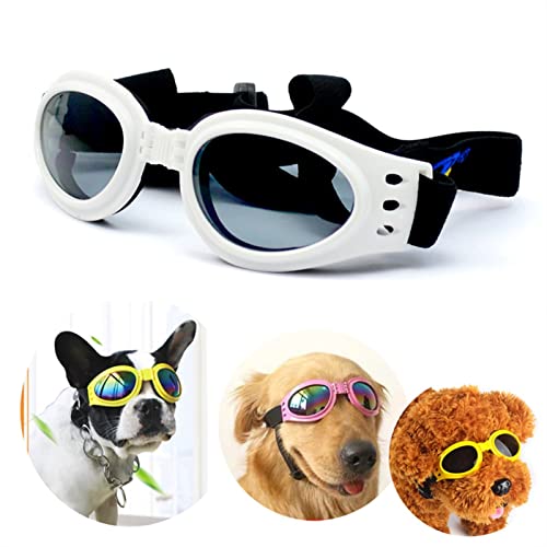 Hunde Sonnenbrille Verstellbare gepolsterte Hunde Sonnenbrille Brille zusammenklappbare Haustierzubehör for mittlere Hunde Motorradgläser (Color : White, Size : 18-34cm) von WTAXBH