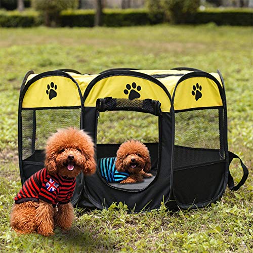 Pet Dog Laufstall Zeltkiste Zimmer Faltbarer Welpe Übung Katzenkäfig Wasserdicht im Freien Zweitüriger Mesh Shade Cover Nest Zwinger, Gelb, 91x91x58cm von WTMLK