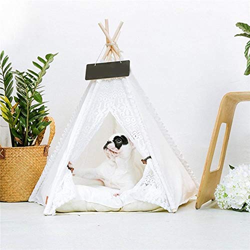 White Lace Pet Tent Dog House Dog Bed Pet House Tent Wood Kennel Puppy Dog Cat Bed House with Mat Pet Supplies Pads,White von WTMLK