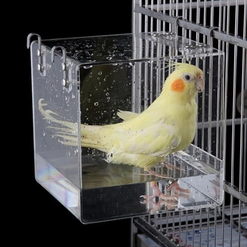 WTZHHK Papageien-Badewanne, Vogelbadewanne Hängende Vogelbad Käfig Vogelbadehaus Hängend, Transparent, Waschraum, Badewannen Käfig Mit Haken Für Kleine Vögel, Sittiche, Nymphensittiche (Size : Small) von WTZHHK