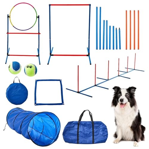 WUDLEP Hund Agility Trainingsgeräte Set, Hinderniskurse Training Starter Kit, Hund Agility Ausrüstung mit Hundetunnel, Webstangen, Verstellbare Hürden, Sprungring, Pause Box von WUDLEP