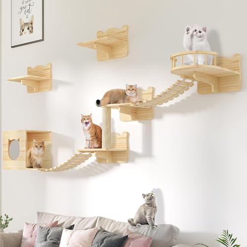 WUDLEP Katzenwandregale, Katzenwandmöbel Set, Katzenkletterregal Spielplatz Set, Katzenkratzbaum mit Wandhaus, Wandstufen, Brückenleiter, Katzenkratzbaum und Katzenbett von WUDLEP