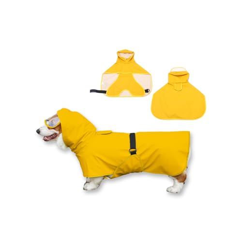WUFANC Regenmantel Hund - Gelb Regenjacke Hund mit Transparenter Kapuze - Hunderegenmantel Wasserdicht mit Unsichtbaren Leinenlöchern, für Große, Mittelgroße und Kleine Hunde (XL) von WUFANC