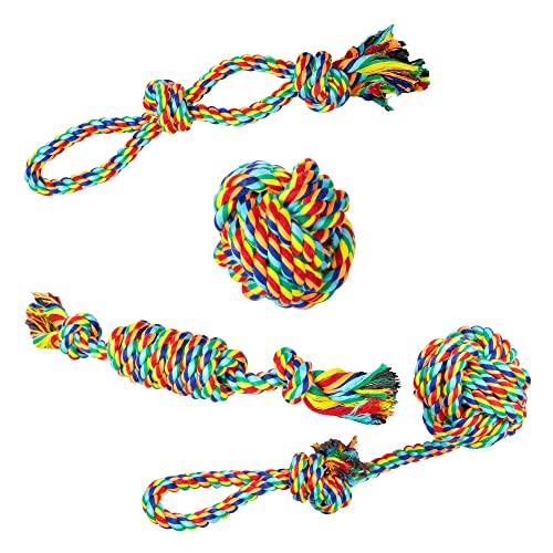 WUFY Rainbow Kauseil für Welpen zum Zahnen Zerren und Spielen Set mit Heavy Duty Hundespielzeug Seil für Welpen mittlerer und großer Rassen Rope Toy Natürliche Zähne Trainingsspielzeug 4-TLG Set von WUFY