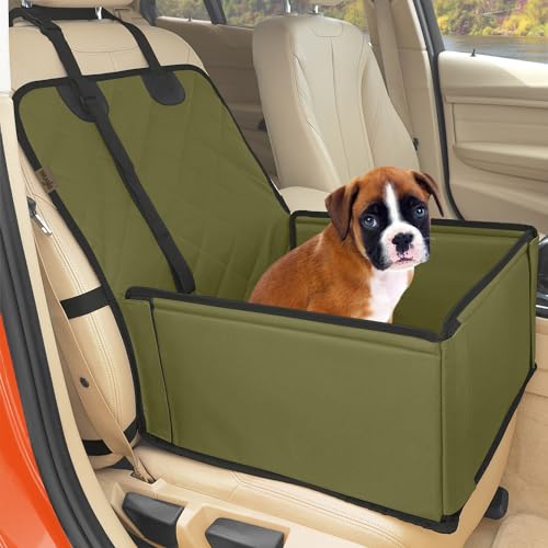 Extra Stabiler Hunde Autositz - Hochwertiger Auto Hundesitz für kleine bis mittlere Hunde - Verstärkte Wände und 3 Gurte - Wasserdichter Hundeautositz für Rück- und Vordersitz (Beige) von WUGLO