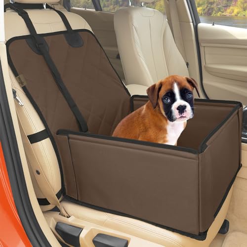 Extra Stabiler Hunde Autositz - Hochwertiger Auto Hundesitz für kleine bis mittlere Hunde - Verstärkte Wände und 3 Gurte - Wasserdichter Hundeautositz für Rück- und Vordersitz (Beige) von WUGLO