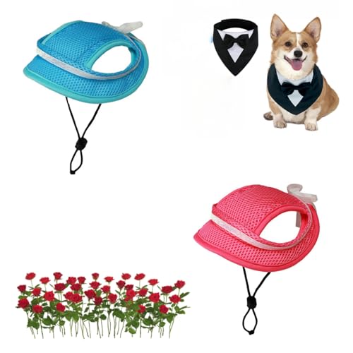 Hunde-Sonnenhut, Baseballkappe, 2 Stück, Sommer, atmungsaktiv, Sonnenschutz, Katze, verstellbar, Haustier-Outdoor-Kappe mit Ohrlöchern, Größe L, Blau + Rosa von WUQILONGBANG