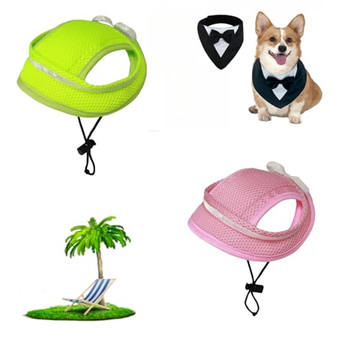 Hunde-Sonnenhut, Baseballkappe, 2 Stück, Sommer, atmungsaktiv, Sonnenschutz, Katze, verstellbar, Haustier-Outdoor-Kappe mit Ohrlöchern, Größe L, Grün + Rosa von WUQILONGBANG