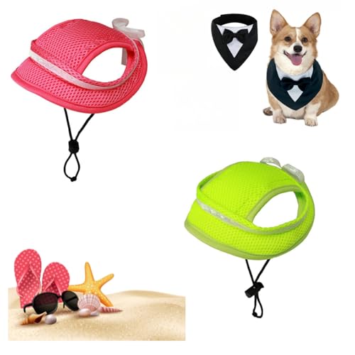 Hunde-Sonnenhut, Baseballkappe, 2 Stück, Sommer, atmungsaktiv, Sonnenschutz, Katze, verstellbar, Haustier-Outdoor-Kappe mit Ohrlöchern, Größe L, Rosa + Grün von WUQILONGBANG