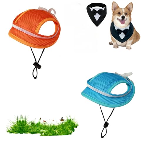 Hunde-Sonnenhut, Baseballkappe, 2 Stück, Sommer, atmungsaktiv, Sonnenschutz, Katze, verstellbar, Haustier-Outdoor-Kappe mit Ohrlöchern, Größe M, Orange + Blau von WUQILONGBANG