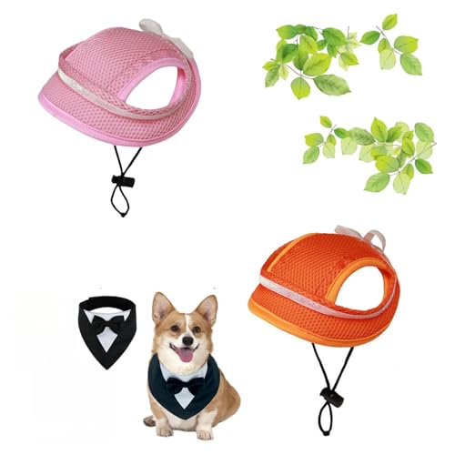 Hunde-Sonnenhut, Baseballkappe, 2 Stück, Sommer, atmungsaktiv, Sonnenschutz, Katze, verstellbar, Haustier-Outdoor-Kappe mit Ohrlöchern (L, Rosa + Orange) von WUQILONGBANG