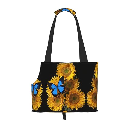 Tragetasche für kleine Hunde und Katzen, Motiv: gelbe Sonnenblumen mit blauen Schmetterlingen von WURTON