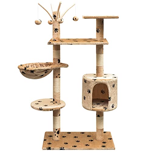 WUTINGKONG Material: Holzrahmen + Sisalseil + weicher Plüsch Katzenbedarf Katzen-Kratzbaum 125 cm Beige mit Pfoten-Aufdruck von WUTINGKONG