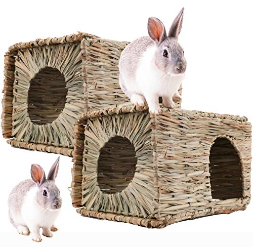 WUWEOT 2 Pack großes Gras Kaninchenhaus, Faltbare gewebte Tierhütte, Spielversteck Bett Heumatte Kauspielzeug für Kaninchen, Meerschweinchen, Gerbils, Hamster und kleine Tiere, 28x20x20cm von WUWEOT