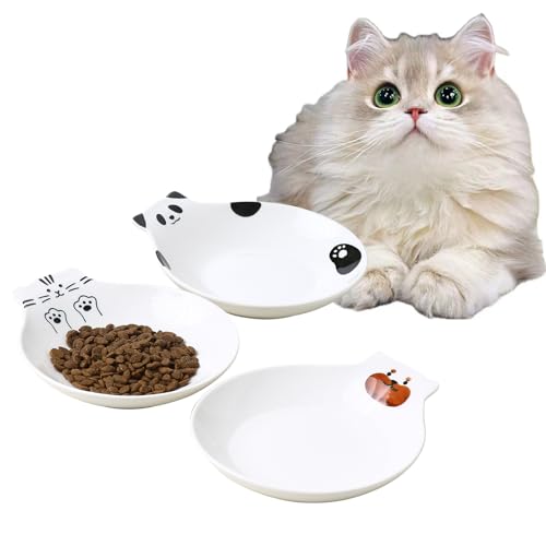 WUYIAZHI 3-teiliges niedliches Katzenfutterschalen-Set aus Keramik, flach, Schnurrhaarfreundlich, 14 cm breit, kleine Katzenteller für Katzen und Kätzchen im Innenbereich von WUYIAZHI