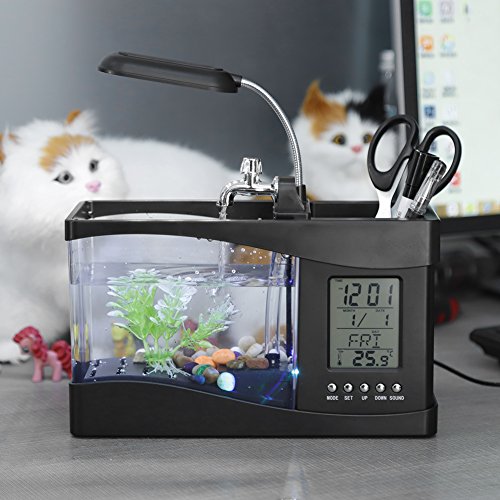 WWERTYY Mini-Fischtank, multifunktional, über USB wiederaufladbar, Mini-Fischtank, Aquarium mit Uhrfunktion, LED-Licht, Aquariumbox, kleine Betta-Fischtank, Reptilien-Futterbox für Büro, Zuhause von WWERTYY