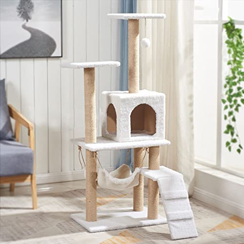 Katzenbaum Turm Indoor, Katzenhöhle Wohnung, Sisal Kratzbaum und Hängematte mit verbreiterten Treppen (Farbe: Beige) von WWJ